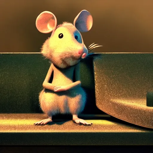 Image similar to sad anthropomorphic rat, pixar, 3 d, sad, lonely, moody lighting, wearing a fur coat, in the rain, at night, sitting on a park bench