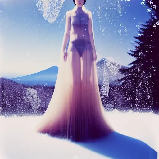 Prompt: a instax photo of fuji mountain, a tall japanese girl in a transparent sheer fabric dress against the background of fuji mountain, perfect faces, fine details, severe snow, full body shot, perfect symmetrical body, coherent symmetrical eyes, rule of thirds, by peter kemp, by monia merlo, hyperrealistic, hyperdetailed, octane render, 8 k