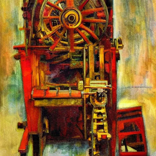 Image similar to an impressionistic painting of a wooden machine that is unrecognizable and hard to understand