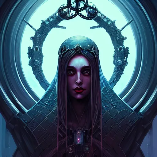 Image similar to queen of death. intricate portrait, occult cyberpunk, ancient futuristic, dark art, occult. by Petros Afshar, by artgerm, Eddie Mendoza