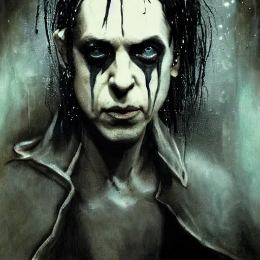 Image similar to stunning portrait of gaunt blixa bargeld a ( the cure fan ) as dream from sandman, dim stars as eyes, by jeremy mann, by cedric peyravernay, by by russ mills, by richard avedon and ben templesmith, dramatic lightning, sadness, dark eye sockets, in the shadows, punk rock, gothic, high detailed, 8 k