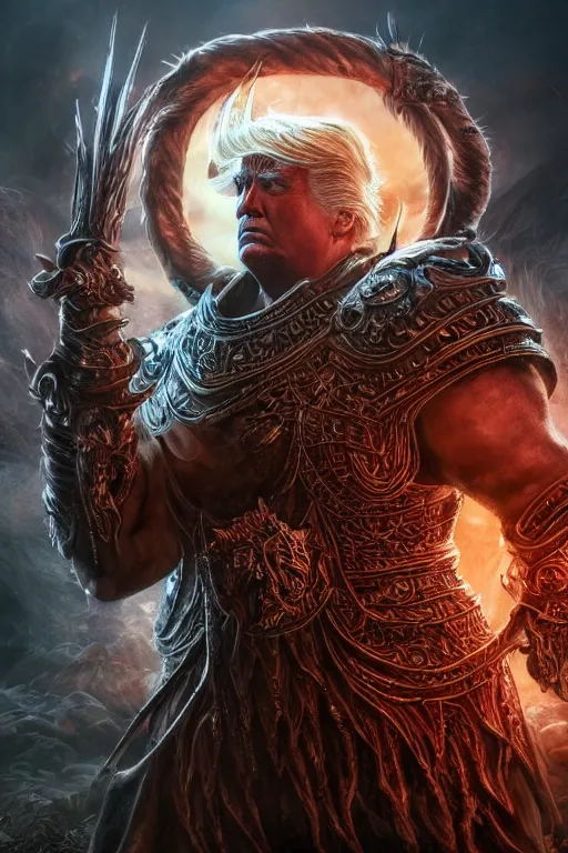 Image similar to an ultra detailed 3 d render of donald trump as an elden ring boss, warhammer fantasy, 8 k resolution, in the style of a fantasy metal album cover, volumetric lighting, smooth, highly detailed, digital illustration, octane render, art by jeong seon and greg rutkowsi, artstation