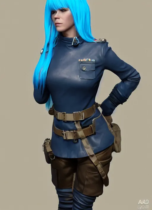 Image similar to Beautiful light blue haired model, navy leather female soldier outfit, blue leather soldier helmet, beautiful face, blue eyes, photo realistic, octane render, portrait, artstation, unreal engine