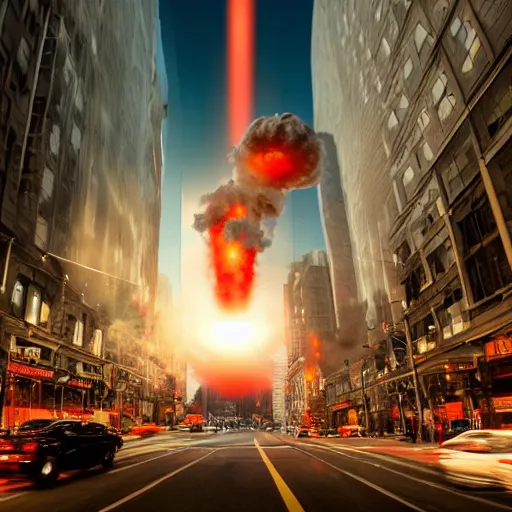 Image similar to centered action photography shot of extremely detailed hyper realistic thermonuclear bomb explosion in a city, professional film photography, 8 k, cinematic framing, cinematic lighting