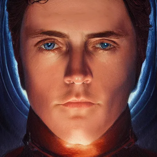 Image similar to realistic paul atreides emperor of the known universe, perfect dramatic and dark portrait by rabbitary b, trending on artstation, deviantart, dune, low angle oil painting and composition laws, dark foggy background, man with thin lines on the face, medium - long curly brown hair, completely blue eyes, denis villeneuve cinematography