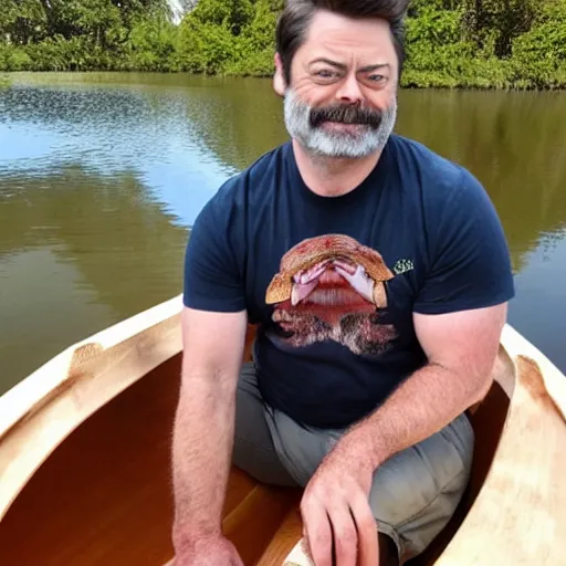 Image similar to Nick offerman sitting in a canoe made of bacon, smiling, highly detailed, beautiful water