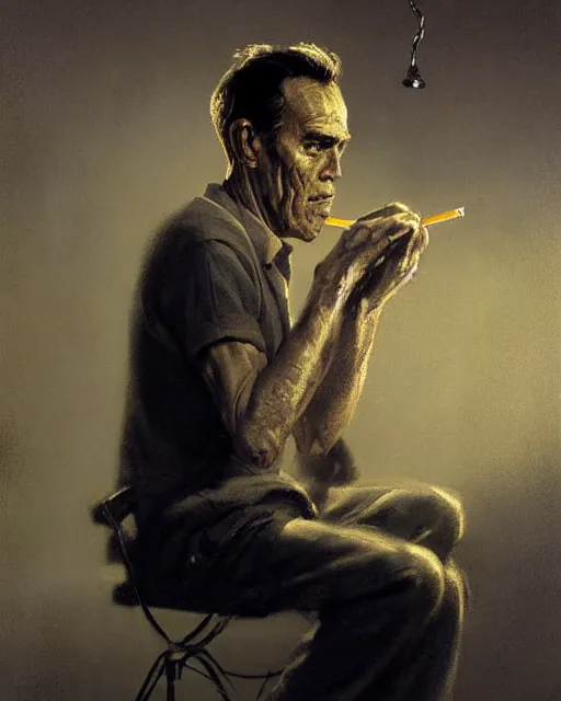 Prompt: a highly detailed epic cinematic concept art CG render digital painting artwork: Henry Fonda as a 1950s tired poet, barefoot, smoking a cigarette. volumetric lighting. By Greg Rutkowski, in the style of Francis Bacon and Syd Mead and Norman Rockwell and Beksinski, open ceiling, highly detailed, painted by Francis Bacon and Edward Hopper, painted by James Gilleard, surrealism, airbrush, Ilya Kuvshinov, WLOP, Stanley Artgerm, very coherent, triadic color scheme, art by Takato Yamamoto and James Jean