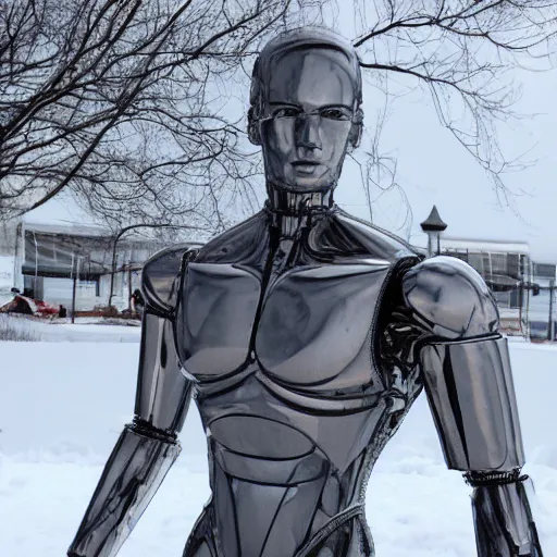 Image similar to made of ice, a realistic detailed photo of a guy who is an attractive humanoid who is half robot and half humanoid, who is a male android, on display, blank stare, showing off his muscles, shiny skin, posing like a statue, by the pool, frozen ice statue, twitch streamer / gamer ludwig, humanoid robot