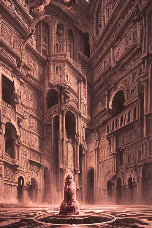 Image similar to sci - fi concrete alien eldritch demonic baroque rococo gothic architecture in hell, babylonian, ziggurat, zaha hadid, beksinski, wayne barlowe, oil painting, photoreal, highly detailed, 8 k, hd, vray, artstation, cinematic matte painting, extreme detail photo quality, sunset, featured on behance