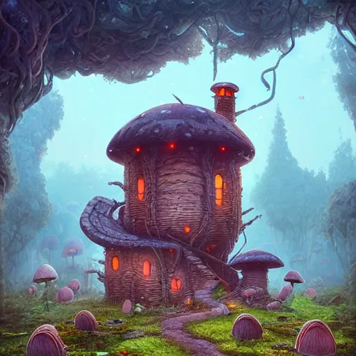 Prompt: a mushroom house in the middle of nowhere. detailed fantasy art, by ferdinand knab, simon stalenhag and beeple, and cyril rolando, cryengine