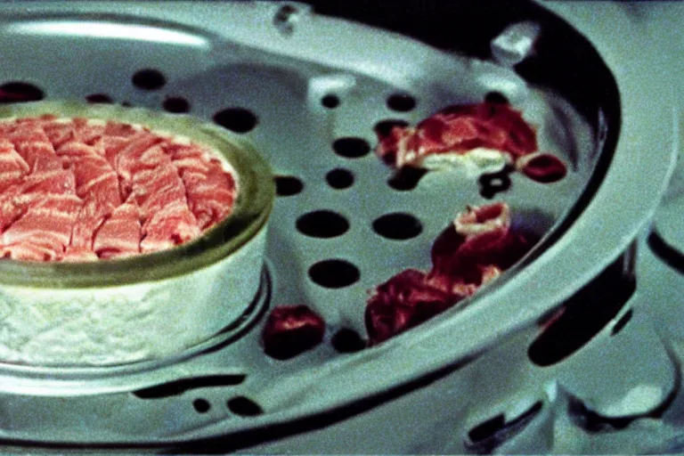 Prompt: tuna and cheese aspic in cyberspace, in 1 9 9 5, y 2 k cybercore, industrial low - light photography, still from a ridley scott movie