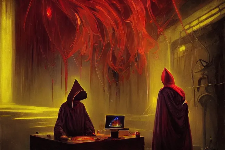 Prompt: ((A beautiful masterpiece painting) (of (a technomancer wizard (in robes (with pointed hood))) (discussing sentience with (his synthesized Al djinn) (in his laboratory (near a computer))) (by (Remedios Varo) and (Anato Finnstark) and (Greg Rutkowski)) (dayglo pink, dayglo blue, dazzle camouflage) (8k, trending on ArtStation)