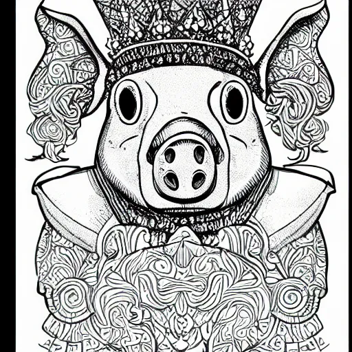 Image similar to detailed line art doodle sketches of a pig wearing a gold crown in the style of alan moore