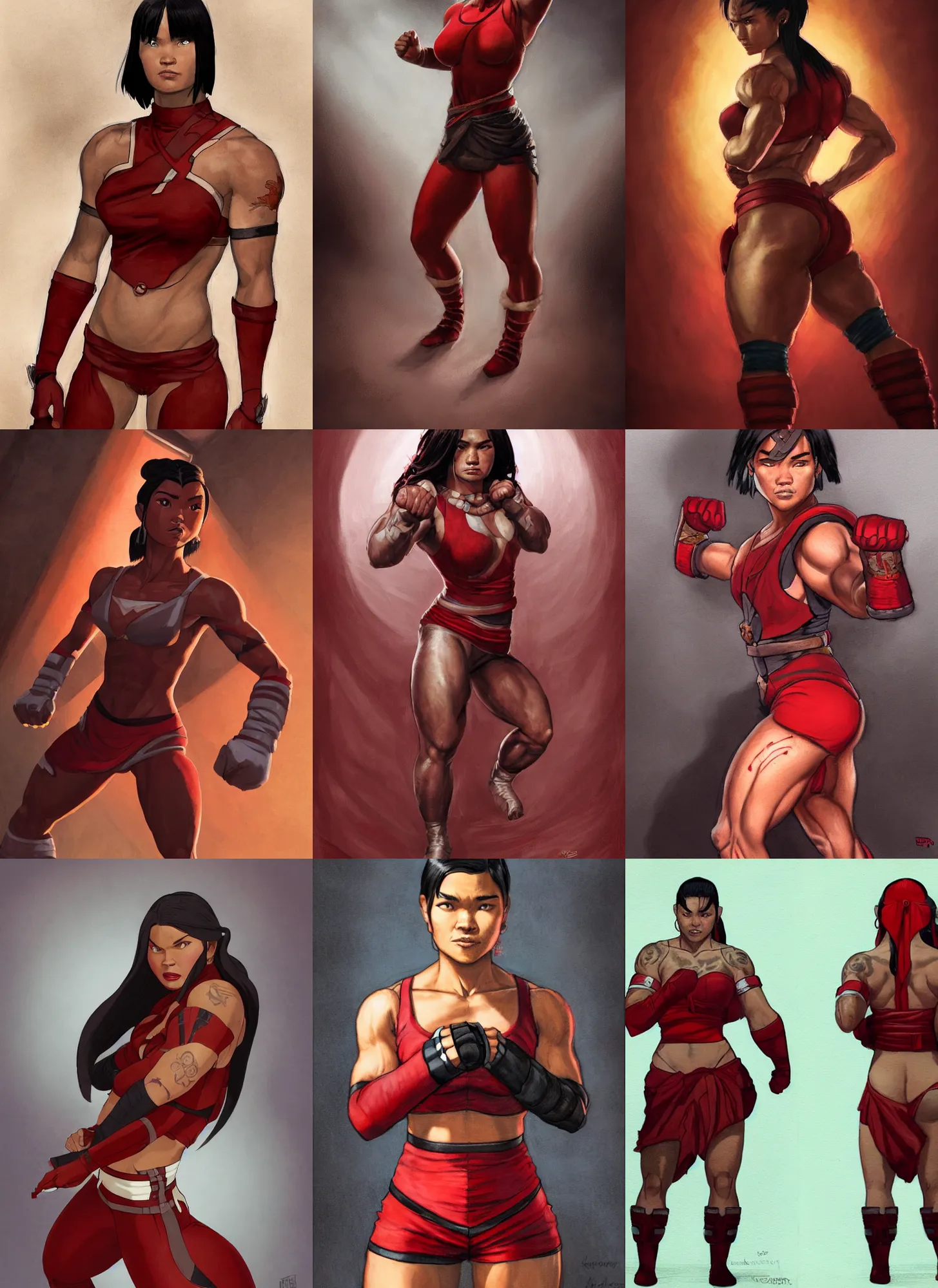 Prompt: a portrait of kawennahere devery jacobs, muscular, wearing red attire, bandage taped fists, medium length black hair, red phoenix tattoo on back, inspired by korra, serious, style by donato giancola, wayne reynolds, jeff easley dramatic light, high detail, cinematic lighting, artstation, dungeons and dragons