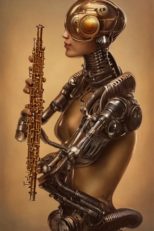 Image similar to a beautiful ultradetailed vintage photo of cyborg playing an oboe, by tom bagshaw and anna dittman, couples portrait, vignette, 3 5 mm lens, golden ratio composition, detailed faces, studio photography, very detailed, humanoids, industrial robots, artstation, 8 k, highly coherent