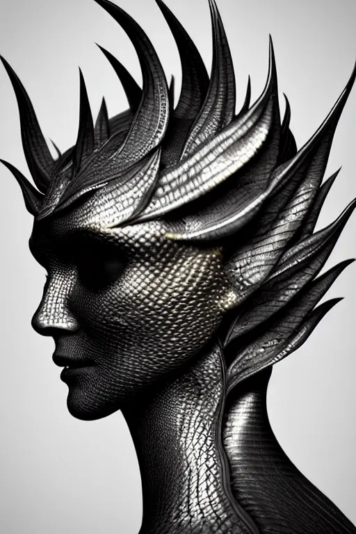 Image similar to bw close - up profile face, black background, beautiful young porcelain vegetal - dragon - cyborg - female, 1 5 0 mm, beautiful natural soft rim light, silver gold details, magnolia leaves and stems, roots, mandelbot fractal, elegant, ultra detailed, white metallic armour, octane render, h. r. giger style