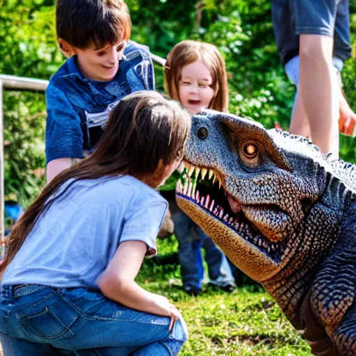 Prompt: a highly detailed photo of kids petting a t rex at a petting zoo, 4 k high - resolution photograph, ultra detail, hd photo