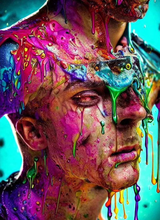 Image similar to beautiful profile photograph of a slimy rotting zombie cop covered in colorful wet goop, dripping with colorful liquid, policeman, cop, biocop, intricate details, dark ambient, service cap, atmospheric, elegant, super highly detailed, professional digital photo, artstation, concept art, 8 k