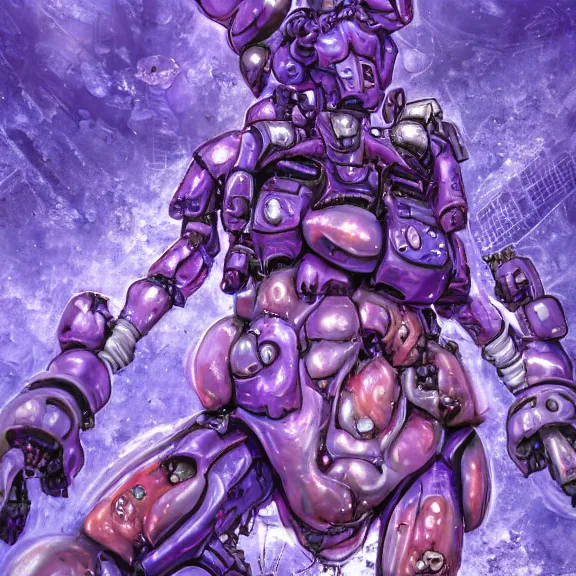 Image similar to detailed shot of inside a cavernous living stomach of a mecha goddess, the walls purple and pulsing, lots of acid pooling up on the floor, digesting and dissolving a small human as it thrashes in acid, food pov, micro pov, vore, digital art, furry art, anthro art, high quality, 8k 3D realistic, macro art, micro art, Furaffinity, Deviantart, Eka's Portal, G6