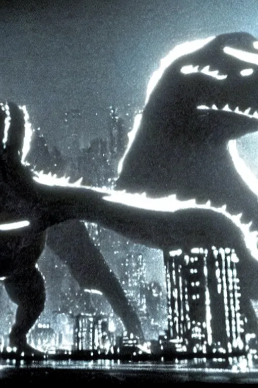 Prompt: a film still of a 1 9 6 0's godzilla in the movie tron ( 1 9 8 2 )