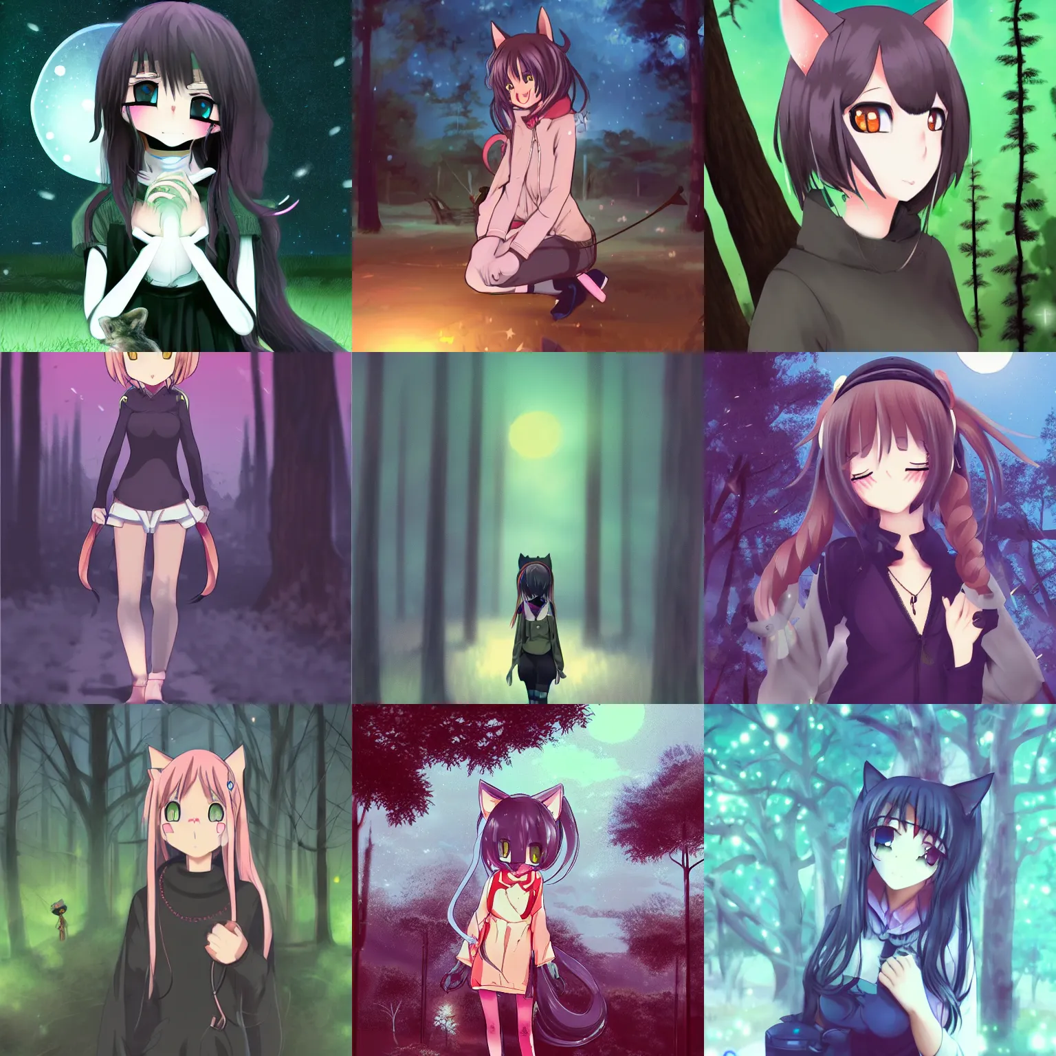 Prompt: a anime catgirl caught on midnight trail cam, night, tall trees, morbid, uncanny, artstation