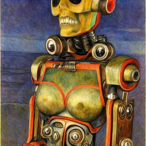 Image similar to grieving robot wearing the bone crown, by Annie Swynnerton and Diego Rivera , symbolist, dramatic lighting, elaborate geometric ornament, Art Brut, soft cool colors,smooth, sharp focus, extremely detailed, Adolf Wölfli and (Donato Giancola)