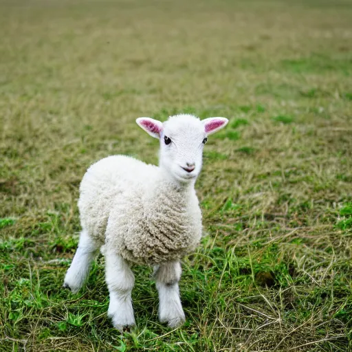 Prompt: baby lamb in a green field, photography,