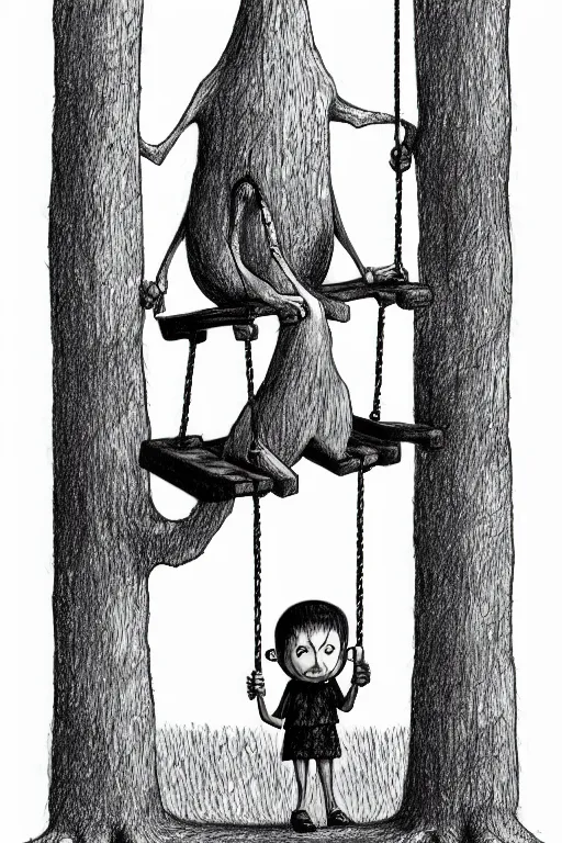 Prompt: a drawing of a creepy monster standing next to a kid on a swing, a storybook illustration by John kenn, behance contest winner, pop surrealism, storybook illustration, childs drawing, macabre