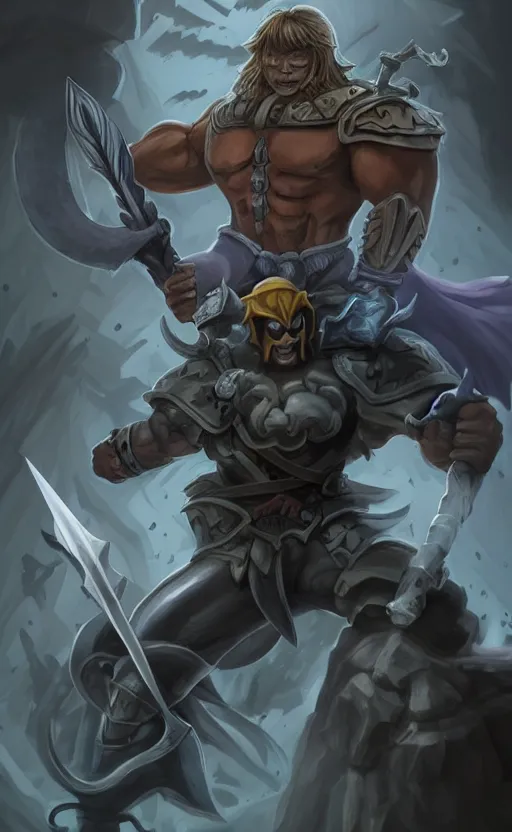 Prompt: Full body centered uncut character pose of mysterious-eerie-ominous He-Man, He-Man is holding the Power Sword in his right hand and the Grey Skull in his left hand, He-Man rides the Battle Cat, dark grey shadowy smokey background, direct natural lighting, cinematic, Epic, ultra-detailed, sharp focus, colored illustration, artwork by Jordan Grimmer and Greg Rutkowski and Alphonse Mucha