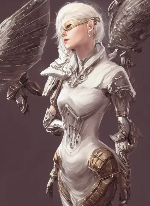 Prompt: a highly detailed illustration of white haired pale lady wearing dieselpunk armor dress with iron wings and blindfold, dramatic floating pose, intricate, elegant, highly detailed, centered, digital painting, artstation, concept art, smooth, sharp focus, league of legends concept art, wlop