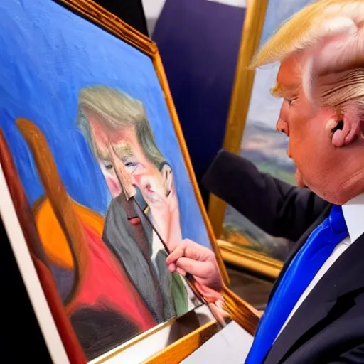 Prompt: donald trump painting a self portrait on the canvas