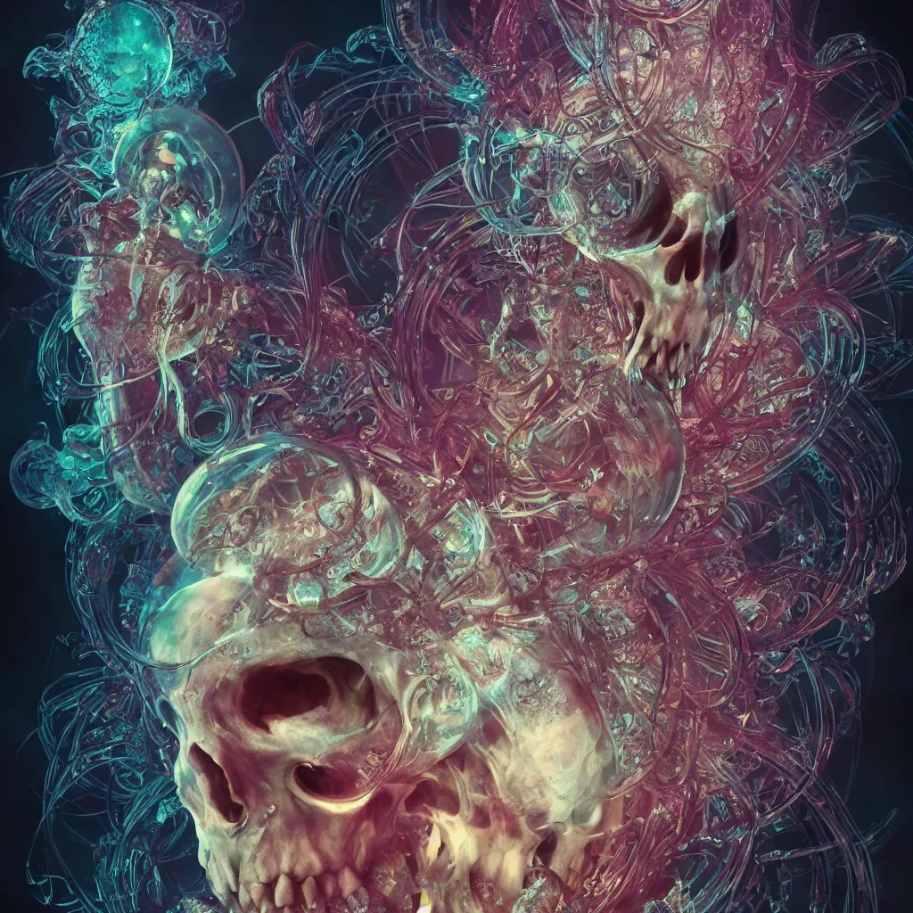 Prompt: close-up portrait goddess horned skull, x-ray, backbone, jellyfish phoenix head, nautilus, orchid, betta fish, bioluminiscent creatures, dark deep complex air bubbles in background, intricate artwork by Tooth Wu and wlop and beeple. octane render, trending on artstation, greg rutkowski very coherent symmetrical artwork. cinematic, high contrast, hyper realism, high detail, octane render, 8k