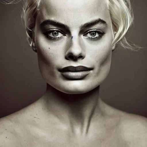 Prompt: photo of margot robbie, full platinum blond, bleached eyebrows, pale skin, freckle, by joel peter witkin, realistic, high detail, high quality, trending on pinteresst