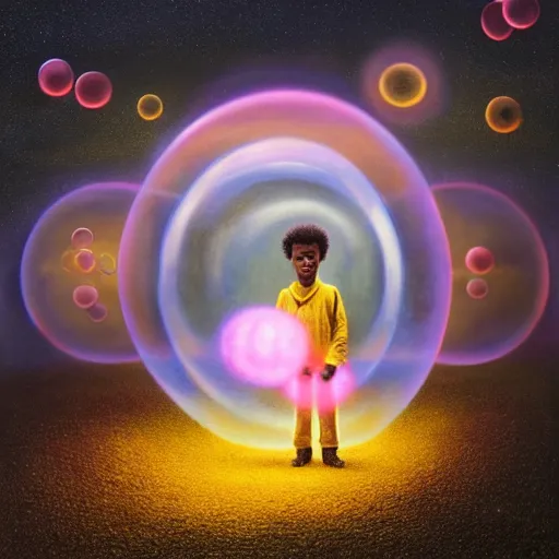 Prompt: AN 8K RESOLUTION MATTE PAINTING OF A BLACK BOY IN A FIELD OF GLOWING BUBBLES, bY CHRIS LEIB AND Alan Bean and Agostino Arrivabene in a surreal PORTRAIT style. Vibrant, VIVID COLORS, HIGHLY DETAILED, SYMETRICAL FACE, retro scifi, ASTROPHOTOGRAPHY