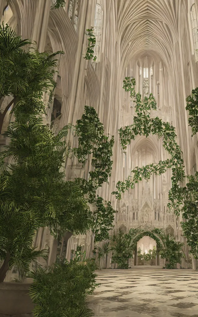 Image similar to beautiful grand cathedral interior with!! koi pond!! in the! middle! surrounded by palm trees, ivy,!! flowers!!, ( tropical plants ),!! roses!!, and with archways, rendered in octane render with photorealistic volumetric cinematic lighting, wide angle, horizontal symmetry, symmetrical! 8 k