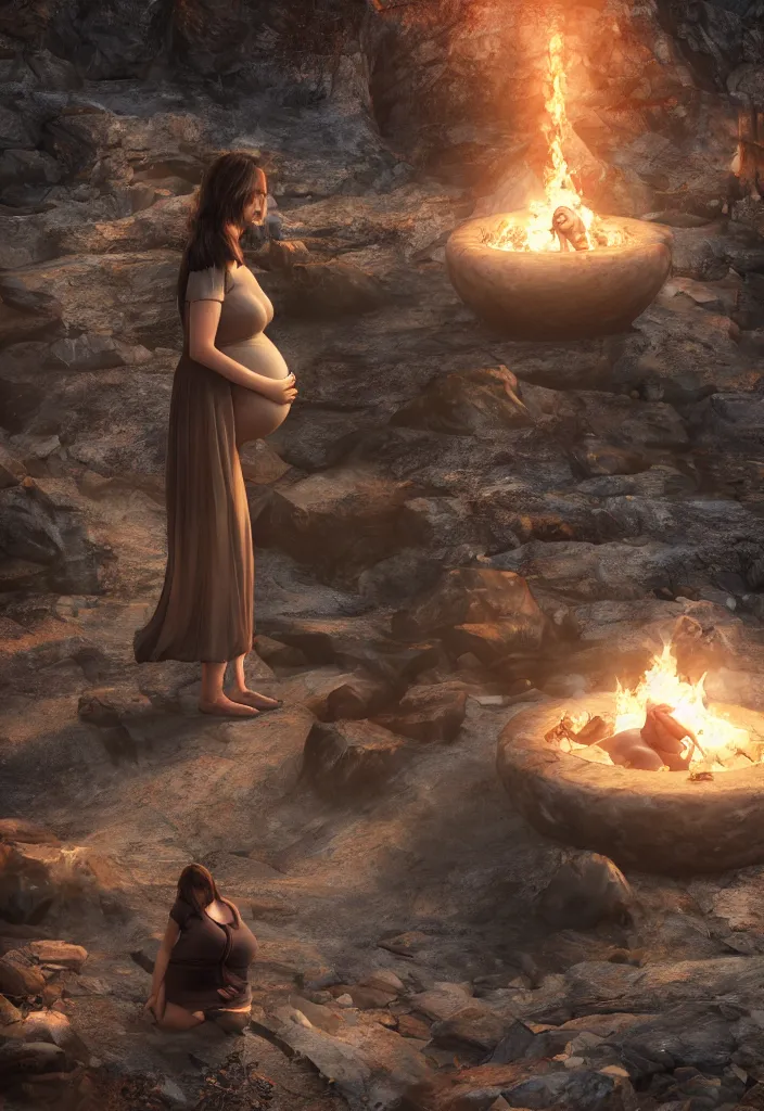 Image similar to pregnant woman making an epic speech with a technological fire pit, crowd hearing the pregnant woman, ice cave, facinating, fantasy digital art, octane render, beautiful composition, trending on artstation, award - winning photograph, masterpiece