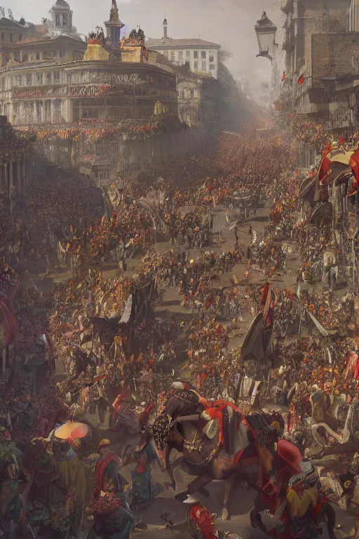 Image similar to Goethe in crowded streets, carnival Rome in 1789, matte painting, concept art, , octane render, trending on artstation, artstationHD, artstationHQ, unreal engine, 4k, 8k