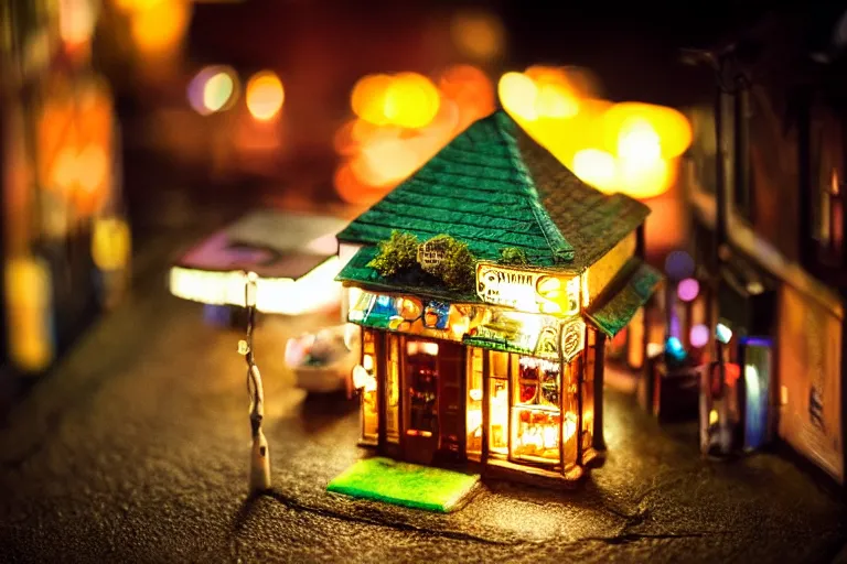 Prompt: an irish pub, digital art, sunset, beautiful lighting, by Yoshitaka Amano, happy atmosphere, trending on artstation, depicted as a needle felt diorama, macro photograph, 24mm Sigma lens f8