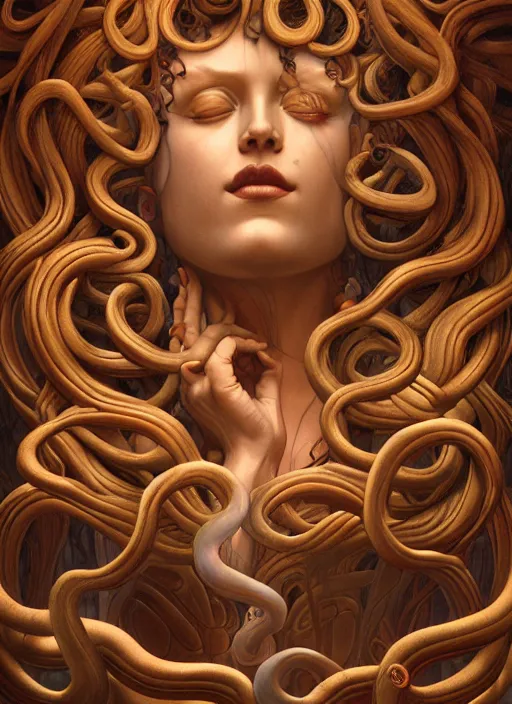 Image similar to medusa, wooden art nouveau swirls, strong subsurface scattering, in the style of james jean and tomasz alen kopera, mystical colors, rim light, soft lighting, 8 k, stunning scene, raytracing, octane render, trending on artstation