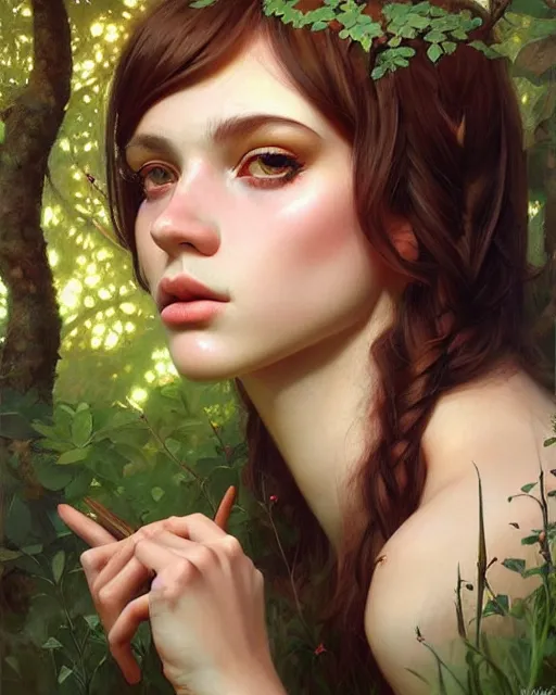 Image similar to stylized portrait of an artistic pose, composition, young faun surrounded by nature, realistic shaded, fine details, realistic shaded lighting poster by ilya kuvshinov, magali villeneuve, artgerm, jeremy lipkin and michael garmash and rob rey