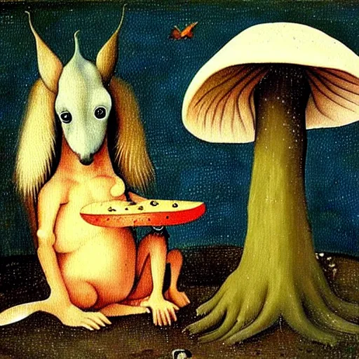 Image similar to a painting of a cute creature sitting next to a mushroom, detailed, realistic, in style of hieronymus bosch