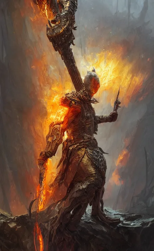 Prompt: close view of flaming sword on table, front game card, drark, marvel comics, dark, intricate, highly detailed, smooth, artstation, digital illustration by ruan jia and mandy jurgens and artgerm and wayne barlowe and greg rutkowski and zdislav beksinski