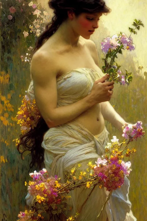 Image similar to attractive woman holding flowers, painting by gaston bussiere, craig mullins, greg rutkowski, alphonse mucha