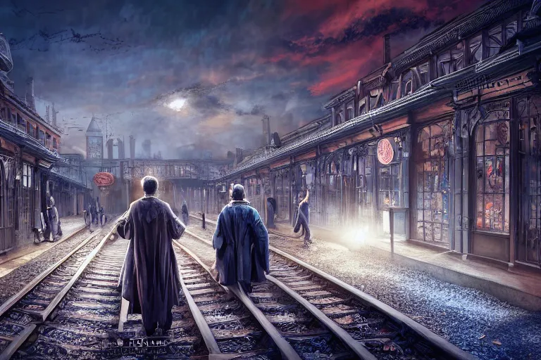 Image similar to some wizard waiting in hogwart train station in quiet dark city, hyper detailed, orange red blue tones dramatic lighting, cgsociety, realistic, hyper detailed, insane details, intricate, dramatic lighting, hypermaximalist, golden ratio, rule of thirds, octane render, weta digital, micro details, ultra wide angle, artstation trending, 8 k,