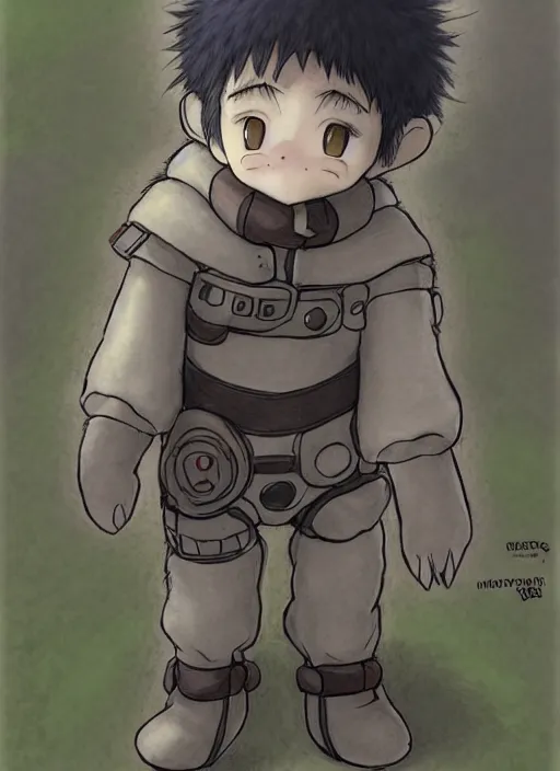 Image similar to beautiful little boy wearing an cyborg bear suit, artwork in kentaro miura and made in abyss and rosdraws, smooth, beautiful lightness, anatomically correct, trending on pixiv, forest