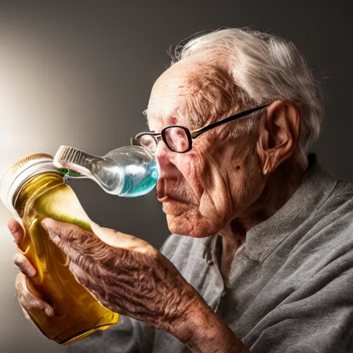 Prompt: An elderly man intensely drinking mayonnaise straight from the bottle, dramatic lighting