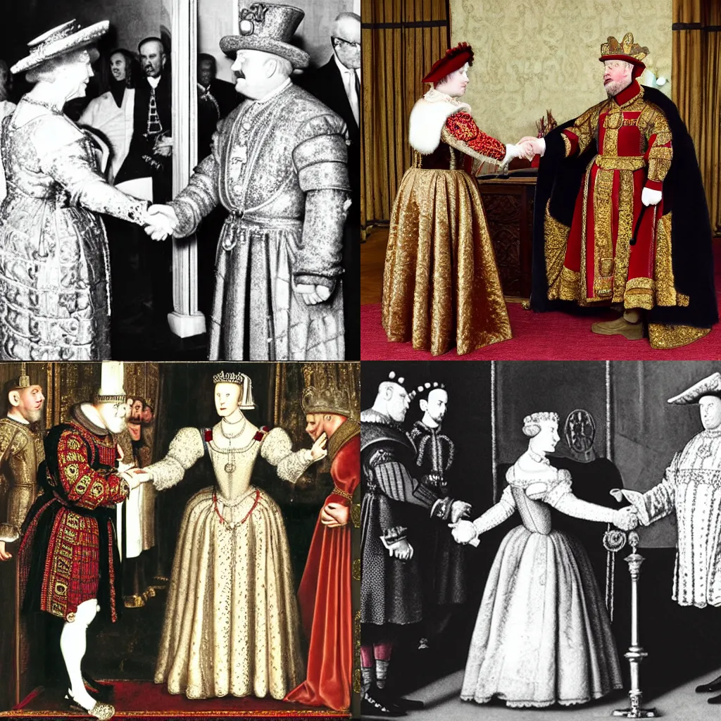 Prompt: henry VIII time traveling to the present and handshaking queen Elizabeth II.