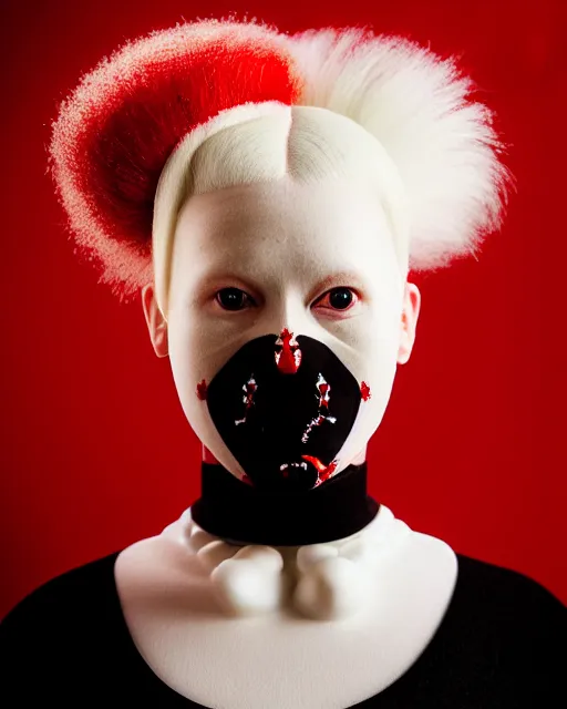 Image similar to symmetrical portrait of a woman wearing a silicone embroidered red beauty mask and white hair buns, wearing a black bodysuit by alexander mcqueen, cream white background, soft diffused light, biotechnology, humanoide robot, bjork aesthetic, translucent, by rineke dijkstra, intricate details, highly detailed, masterpiece,