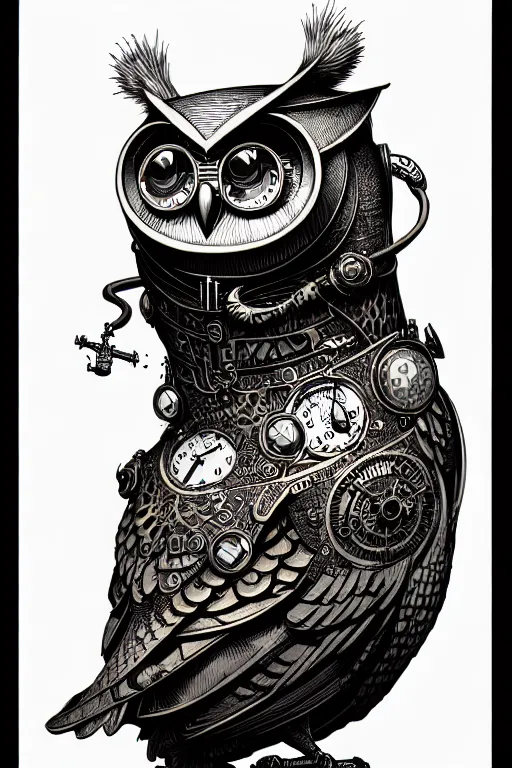 Prompt: side view of a ancient alchemist steampunk owl, high details, lineart, by vincent di fate and joe fenton,, inking, screen print, masterpiece, trending on artstation, sharp, high contrast, hyper - detailed, hd, 4 k, 8 k