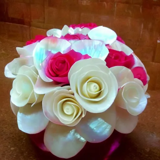 Prompt: rose arrangement made of mother of pearl, opal petals, home magazine kitchen photography, red roses!!!!